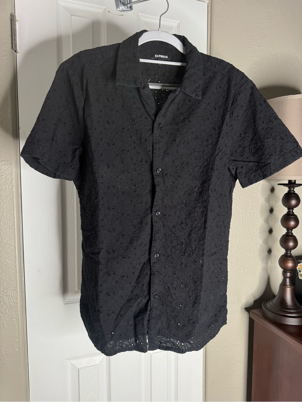 EXPRESS Black Eyelet Lace Button-Down Shirt - Picture 2 of 4